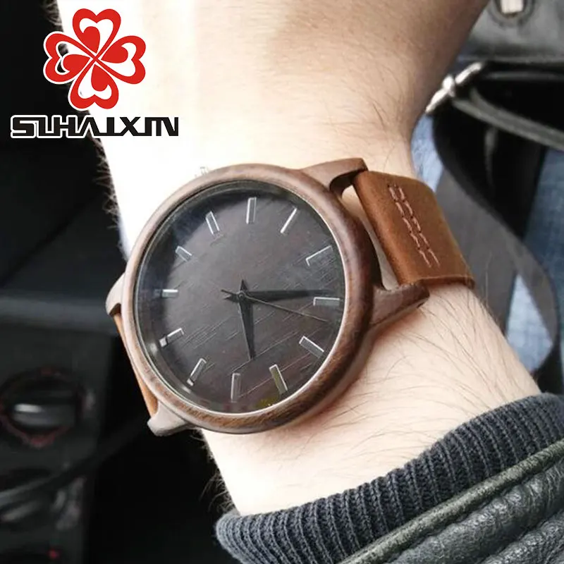 2018Men's часы черные винтажные Saat деревянные с натуральным кожаным ремешком