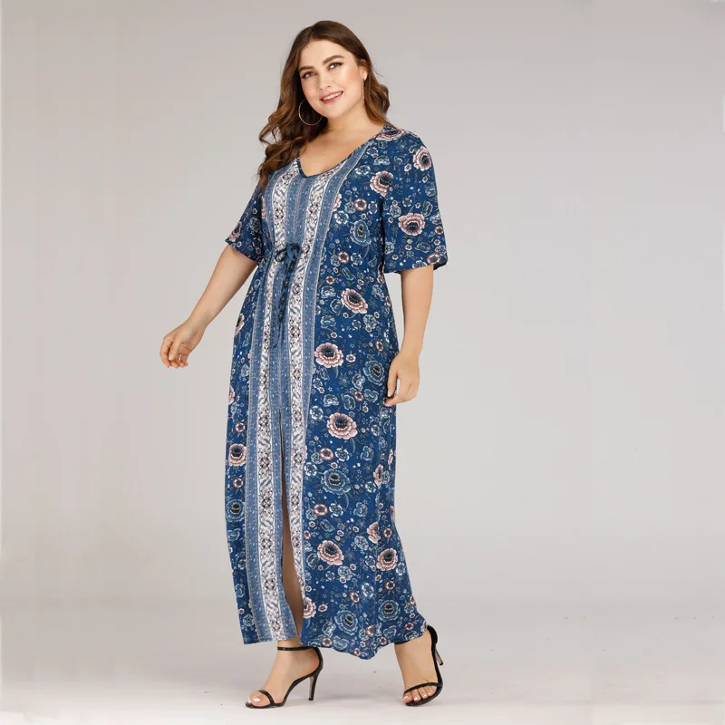 Женское летнее Boho Макси длинное платье плюс размер V шеи короткий рукав цветочный принт Boho пляжное платье синий женский жакет платья