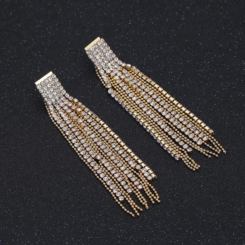 BLIJERY Silver/Black/Gold Color Crystal Long Tassel Earrings for Women Bar Wedding Bridal Dangle Earings Night Party Jewelry
