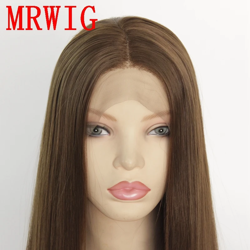 MRWIG коричневый цвет волос 8# длинные прямые синтетические передние парики шнурка для женщин 26in средняя часть натуральный цвет волос