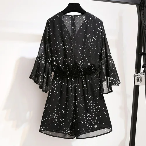 4XL 5XL Plus Size Woman Short Jumpsuits Star Print V-neck Casual Rompers High Waist Wide Leg Trousers Chiffon Playsuit | Женская одежда