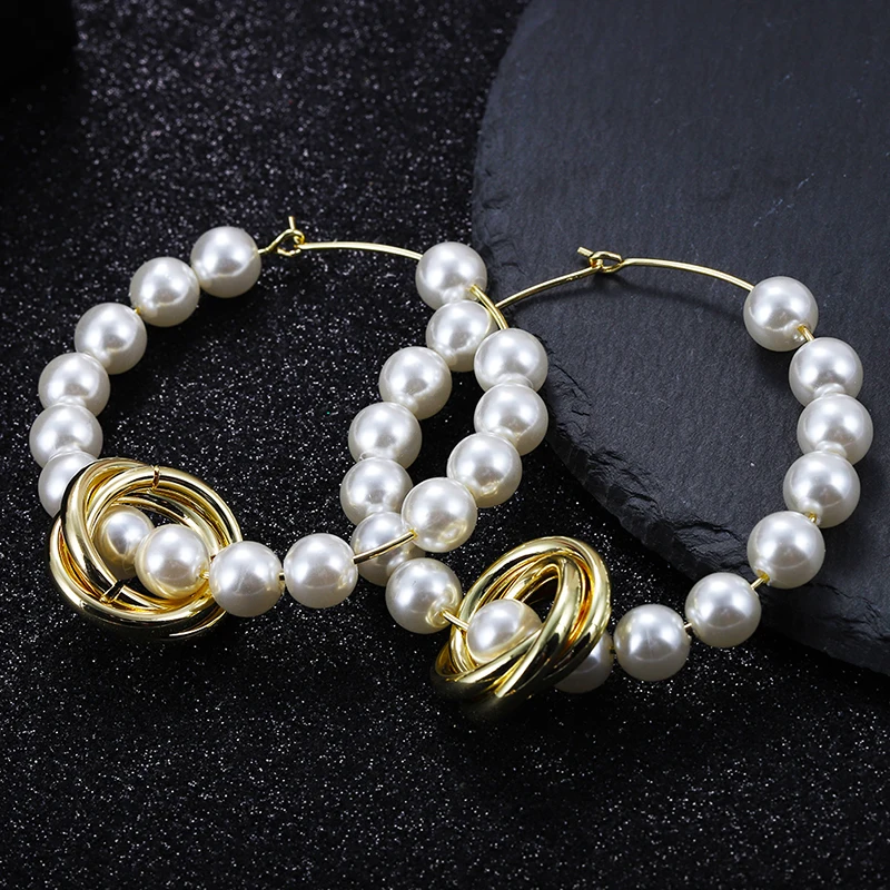 Женские серьги кольца LEADERBEADS 2019 крупные металлические с жемчугом Ювелирное