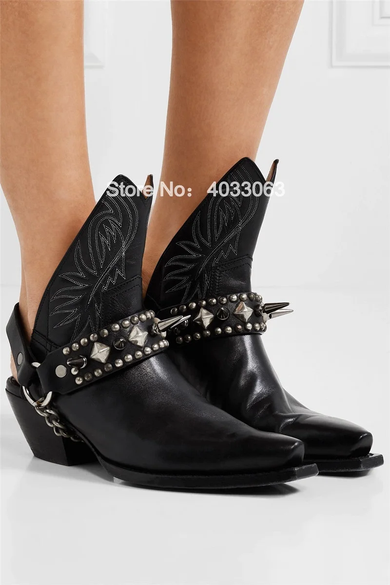 

Newest 2019 Autumn Shoes Woman Leather Chain Gladiator Sandal Boots Rivets Studded Pointed Toe Med Heels Embroidery Cowboy Boots