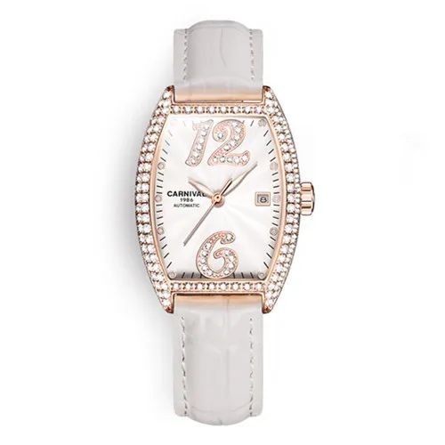 2019Carnival switzerland automatic mechanical watch women luxury brand leather strap women watches rhinestione clock reloj saati - Цвет: Gold white C8857