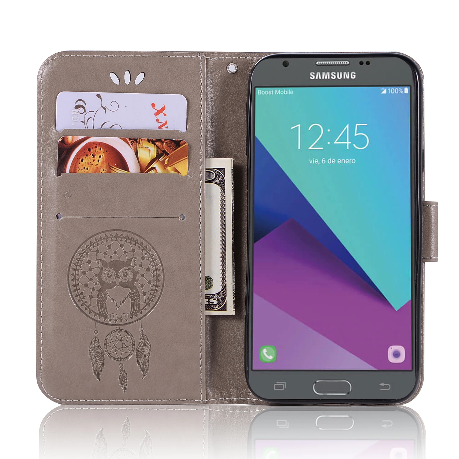 Кожаный чехол-книжка с рисунком Ловца снов и совы для Samsung Galaxy J330 / J3 2017 J530 J5 версии