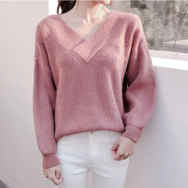 Qiukichonson 2018 Vintage V Neck Sweater Women Autumn Winter Tops Korean Fashion Jumper Pullover Long Sleeve pull femme | Женская одежда