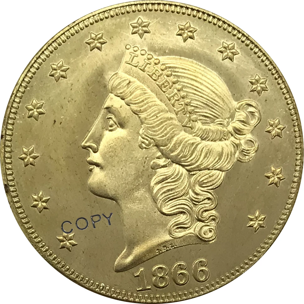 S 1866 США 20 долларов свободы голова двойной Орел Золотая монета латунная