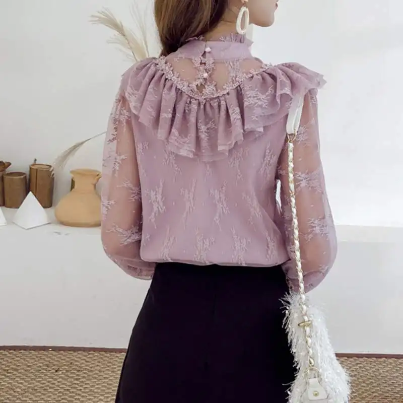 2020 Spring New Arrival Lace Top Fashion Ruffles Design Women Long Sleeve Shirt Floral Elegant Tunic Tops Mesh Blusas UX30 |