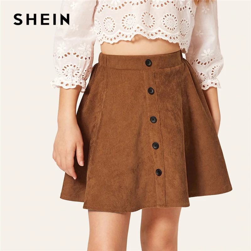 SHEIN Kiddie/коричневая однотонная повседневная детская юбка с пуговицами спереди детская одежда г. Летние расклешенные мини-юбки трапециевидной формы с эластичной резинкой на талии для девочек