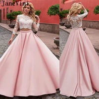 janevini elegant pink prom dress two piece a line lace long sleeve illusion back a line sweep train satin plus size prom dresses