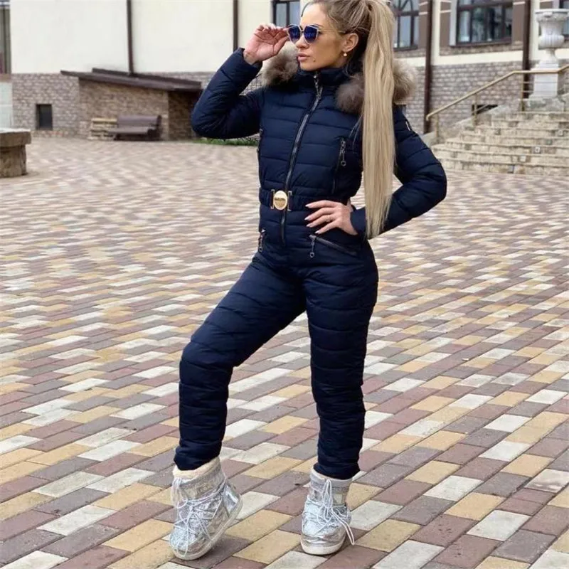dark blue Европейские и американские женские цельные брюки плюс хлопок с капюшоном большой меховой воротник сиамский хлопковый костюм лыжный костюм женский сиамский - Цвет: dark blue