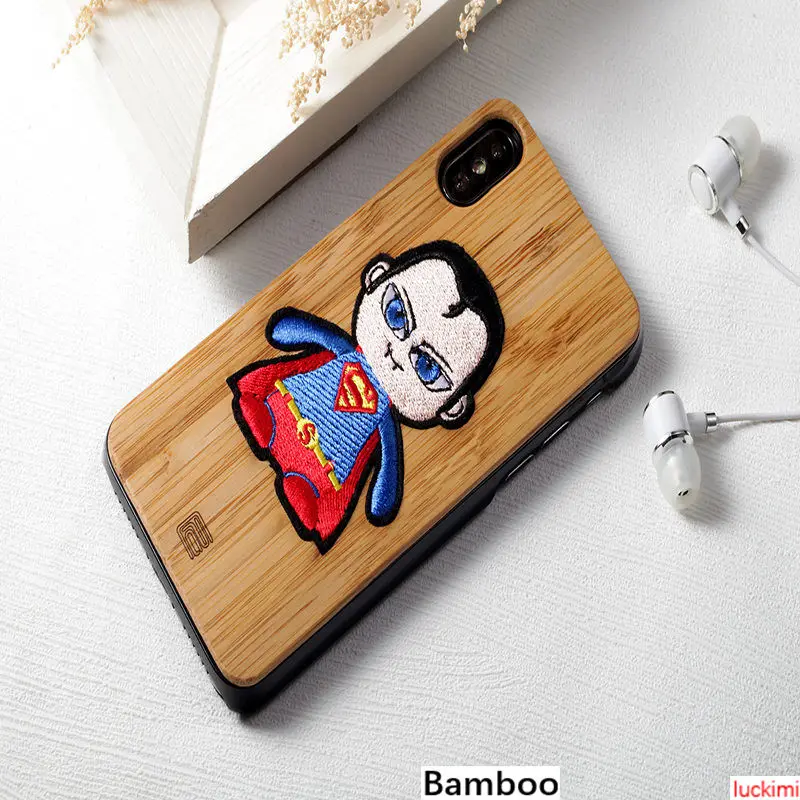 For iphone 6 7 8 6S Plus X Xs Xr Max Superman peach cherry wood Bamboo embroidery Nature Material Phone case cover |