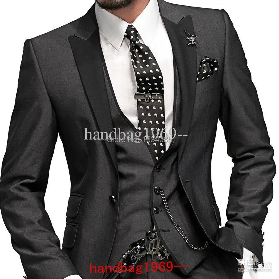 2015 Custom Made One button Charcoal Groom Tuxedos Best Man Suits Groomsmen Men Wedding (Jacket+Pants+Vest+Tie) OK:324 | Мужская одежда