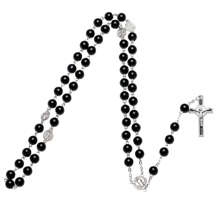 Модные черные стеклянные бусины католические четки St Benedict соединители крест