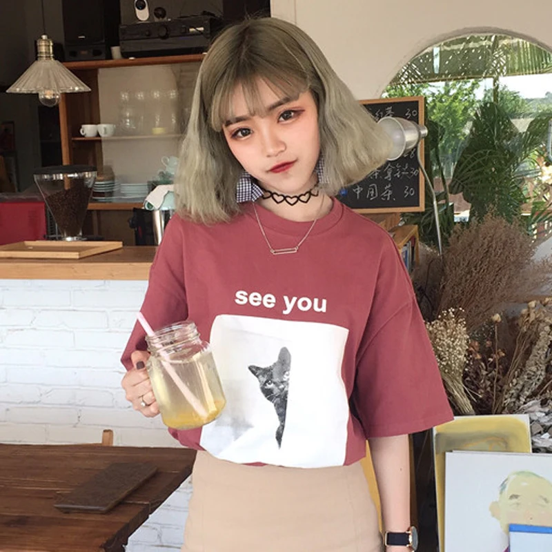 Женская свободная футболка Harajuku летняя Корейская с милым мультяшным рисунком