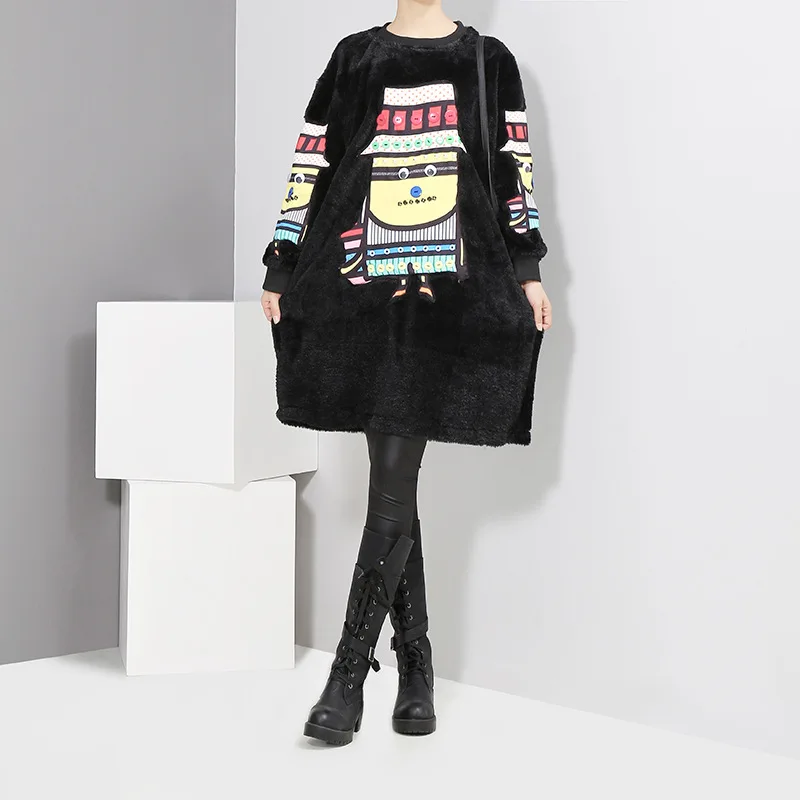 2017 зима мультфильм лоскутное длинные рукава платья из бархата Женская мода