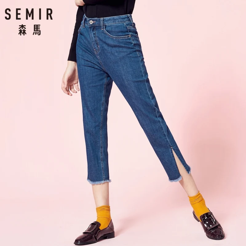 SEMIR Women Calf-Length Jeans with Slits at Hem Women's Slim Fit Cotton in Washed Denim Raw-Edge Chic Style |