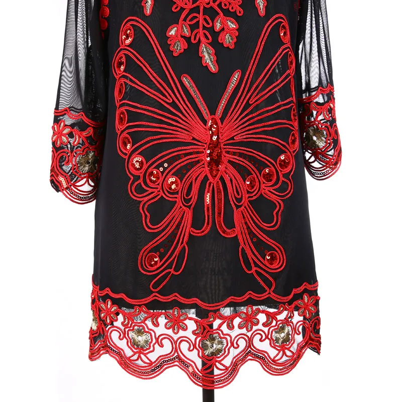 

BLINGSTORY Vintage Embroidered Butterfly Mesh Evening Tops Big Size Women Summer Black Tshirt 5XL