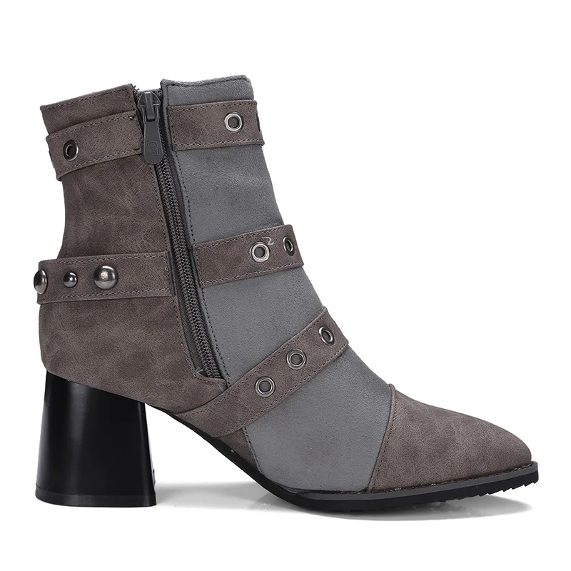 Phoentin zipper punk boots woman ankle strap patchwork narrow band female winter hoof heels 6cm women shoes FT226 | Обувь