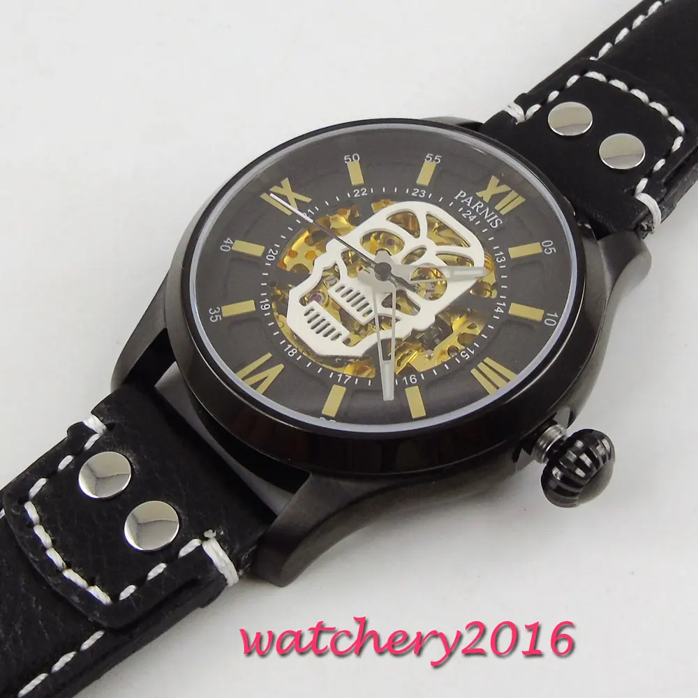 Мужские механические модные дизайнерские часы Parnis с циферблатом черепа