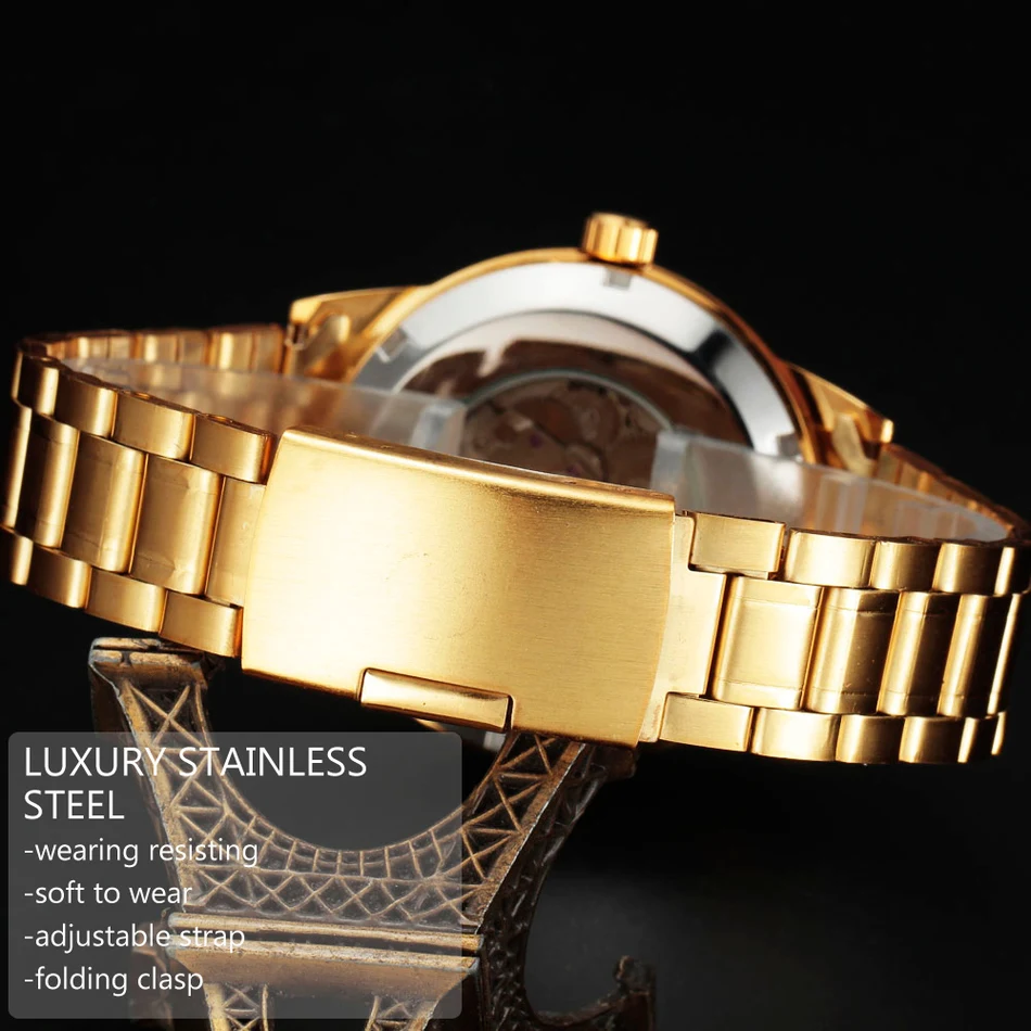 Мужские автоматические механические часы SEWOR золотые полностью из нержавеющей