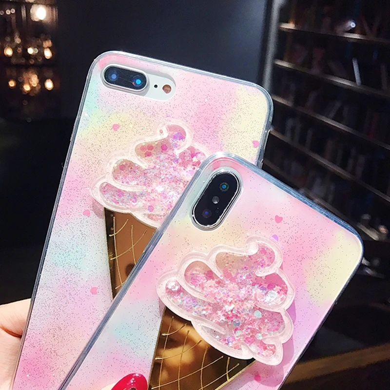 

Cute Pink Cases For iphone 6s 6 s plus iphone 7 8 Plus 3D Glitter Ice Cream Silicone Case For iphone XR XS Max iphone 8 X Cover