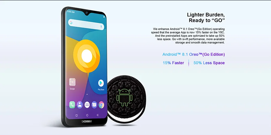 DOOGEE Y8C Android 8,1 6,1 дюймов 19:9 смартфон MTK6580 1 ГБ ОЗУ 16 Гб ПЗУ 3400 мАч две sim-карты 8 Мп+ 5 Мп экран капли воды мобильный телефон