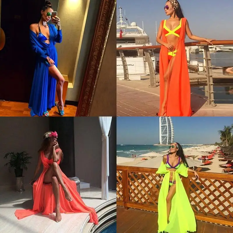 Мода пляжном стиле с короткими рукавами шифон сплошной цвет бикини вс платье |