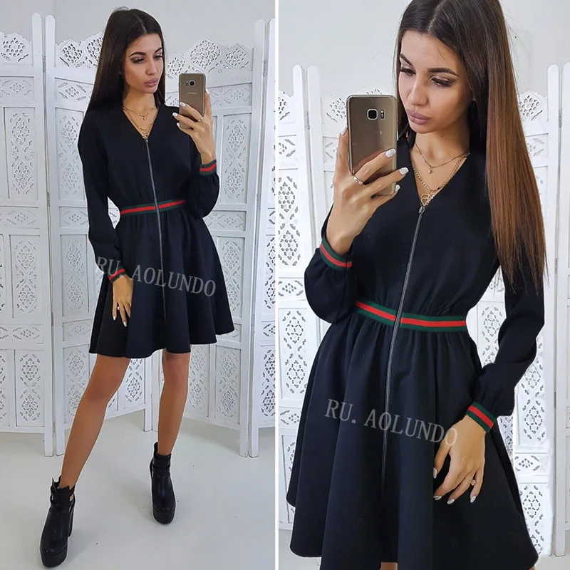 New Striped Webbing Zipper Stitching Dress Women 2019 Spring Slim V-Neck Long Sleeve Casual A-Line Mini Dresses | Женская одежда