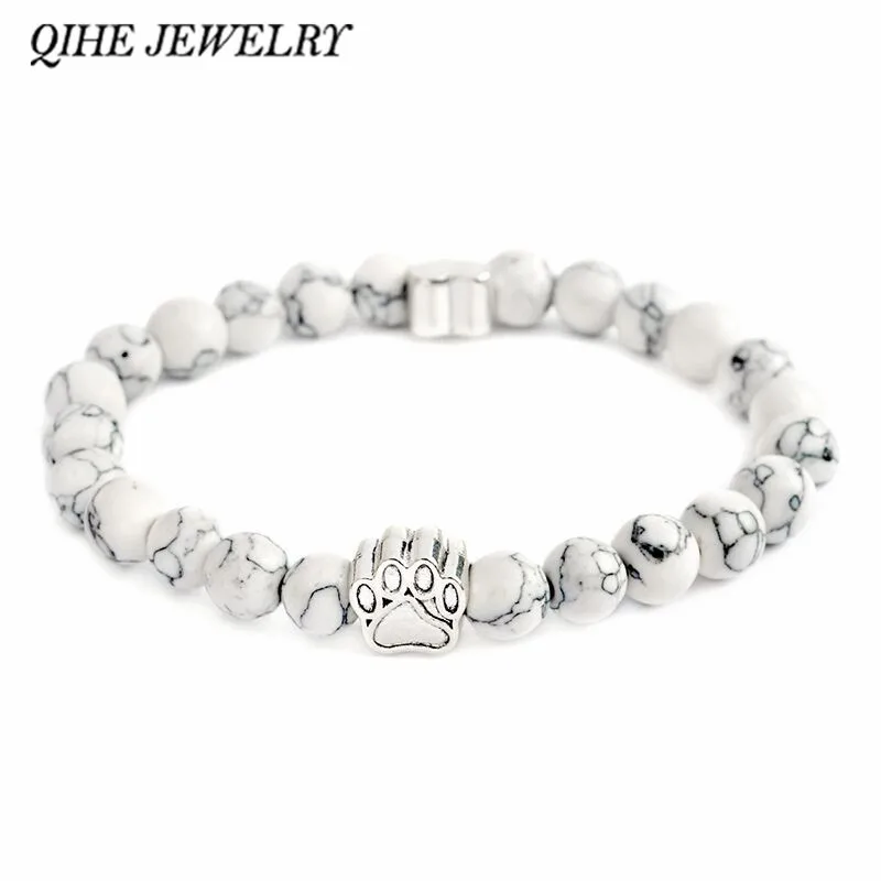 

QIHE JEWELRY Tiny Anitique Paw Charm Stone Bracelet Pet Memorial Cat Dog Lovers Jewelry For Men Women Unisex
