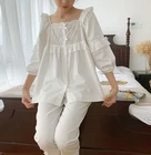 Женский пижамный комплект Лолита с квадратным воротником, топ с вышивкой и длинные штаны, винтажный пижамный комплект, одежда для сна в викторианском стиле, домашняя одежда