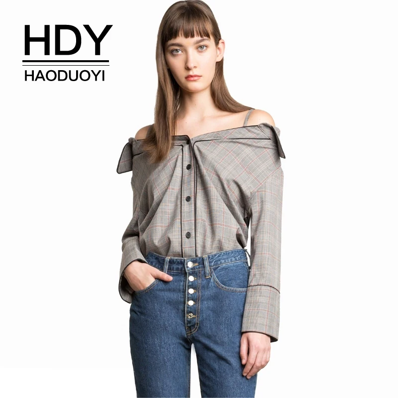HDY Haoduoyi бренд 2017 женские повседневные сексуальные рубашки с вырезом лодочкой и