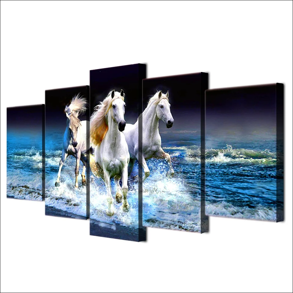 5 Panels Beach Waves White Horses Racing Animals Wall Posters Modern Home Decorative Canvas Painting Living Room Modular Picture | Дом и сад