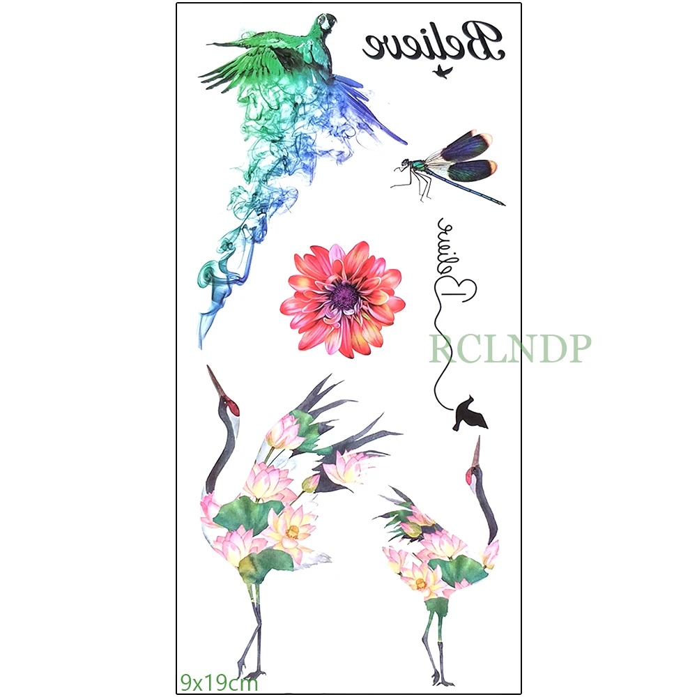 

Waterproof Temporary Tattoo Sticker Red-crowned Crane Birl Lotus Flower Fake Tatto Flash Tatoo Foot Hand Arm for Girl Women Men