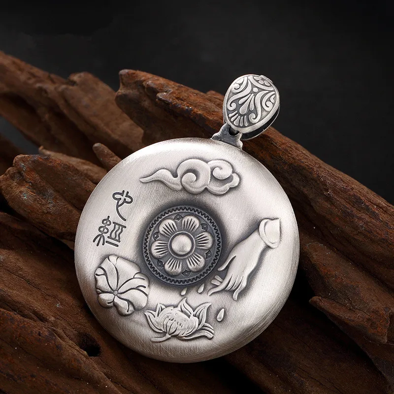 

L&P Handmade 999 Sterling Silver Auspicious Clouds Lotus Sutra Pendant For Women Men Vintage Charms For Women