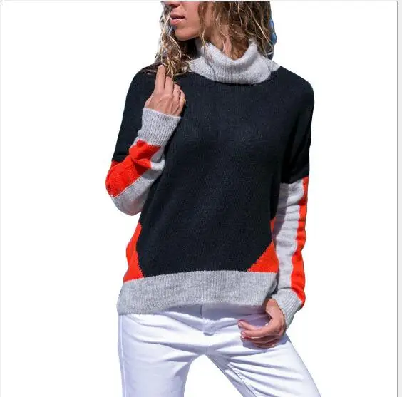 Женский свитер 2018 новый зимний модный водолазка свободный контрастный цвет