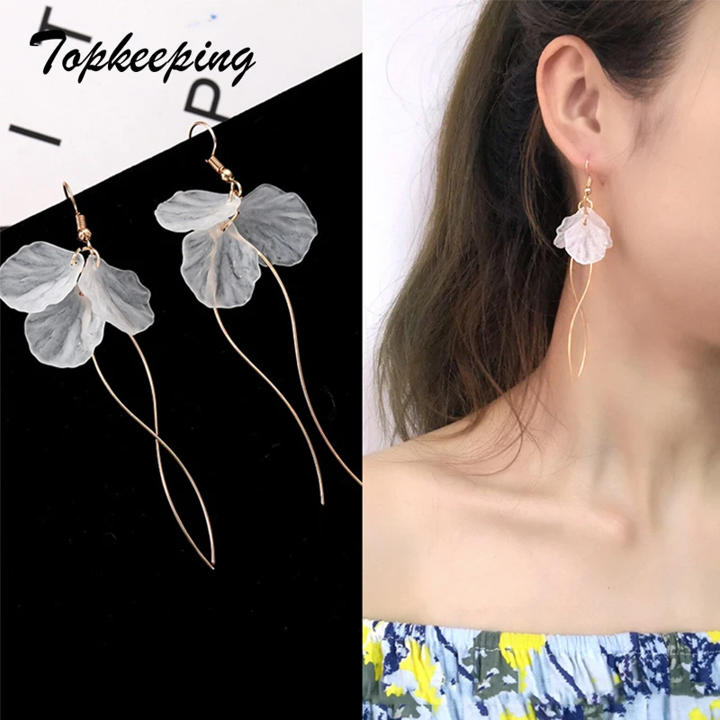 

Topkeeping Korean Trendy Jewelry Elegant Transparent Petal Tassel Drop Earrings Fashion Long Tassel Earrings