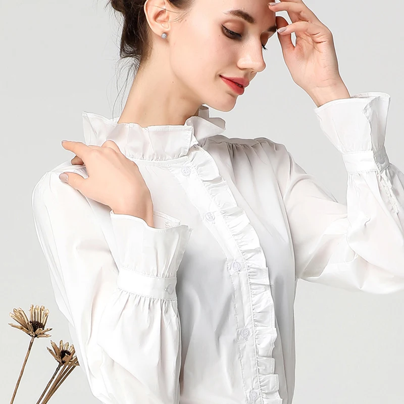 

Elegant Ruffle Women White Blouse Cotton Top Stand Collar Petal Long Sleeve Fashion Spring Summer Female Casual Work wear Shirts