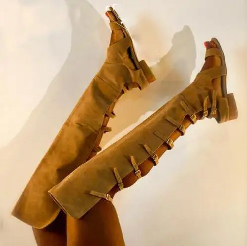 

Summer Newest Suede Over the Knee Boots Sexy Open Toe Buckle Strap Gladiator Sandal Boots Cutouts Flat Boots For Woman