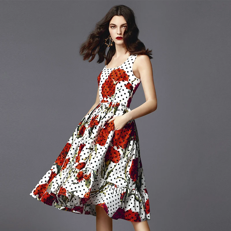 

Womens Summer Autumn Retro Vintage Polka Dot and flower printed Dress Ladies sleeveless ruffles A-Line Dresses