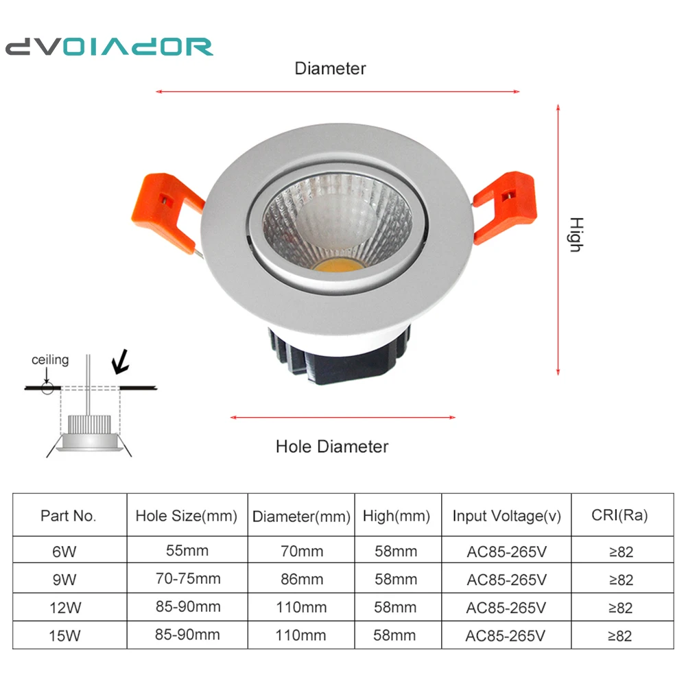 DVOLADOR с регулируемой яркостью утопленный COB светодиодный светильник 6W 9W 12W 15W