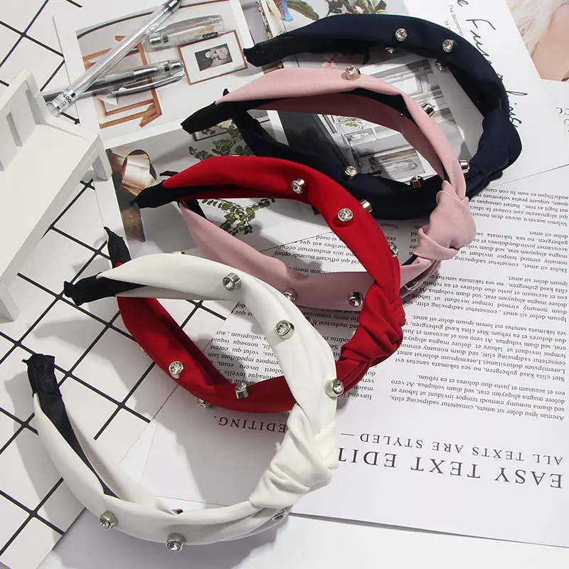 Bohemian Solid Color Soft Velvet Center Knot Wide Pearl Hairband Ladies multiple color Knotted Hairband Hair Accessories