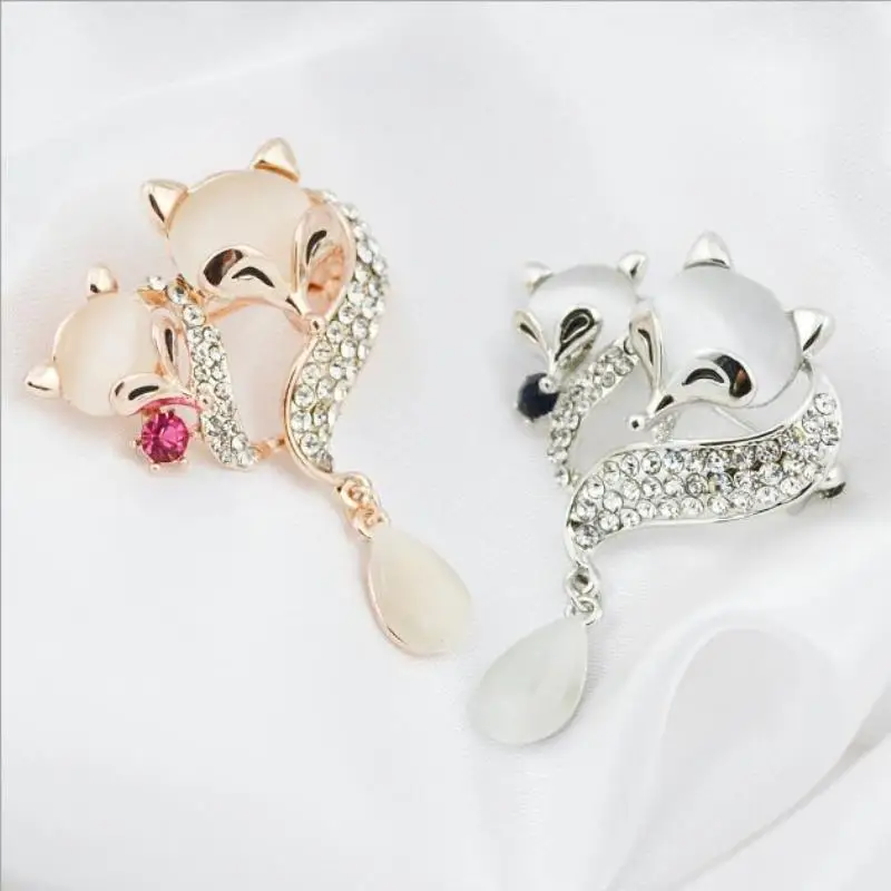 Charm short open double fox beautiful wild brooch opal animal chest jewelry | Украшения и аксессуары