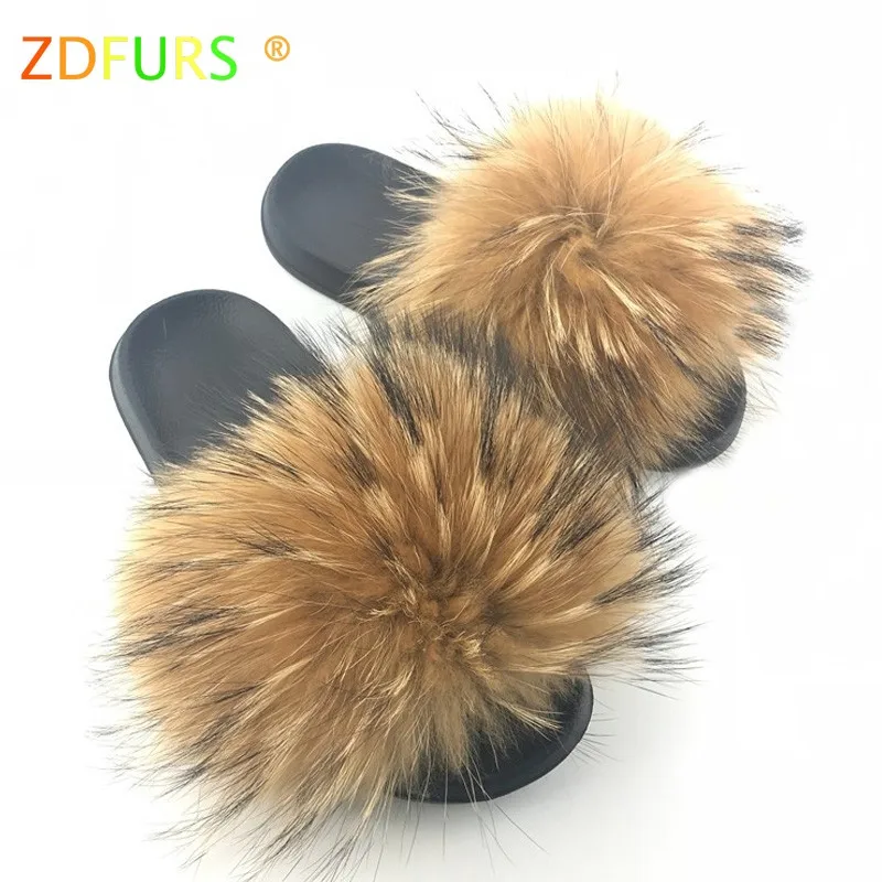 natural raccoon fur ZDFURS/; модные шлепанцы с лисьим мехом; шлепанцы без задника с натуральным мехом; Летние вьетнамки; повседневные Модные босоножки с лисьим мехом; модная плюшевая обувь; - Цвет: natural raccoon fur