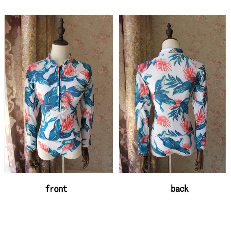 

OUMUYI Women's Long Sleeves Surfing Suit Rash Guard UV Protection One Piece Printing conservative Bathing Suit Summer Beach Wear