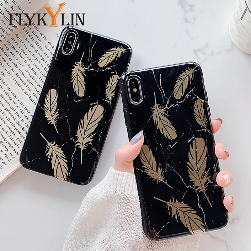 FLYKYLIN Gold Feather Black Marble Case For iphone 6 S 7 8 Plus XS Max Cover Huawei P30 Pro P20 Lite Soft IMD Silicone Coque |