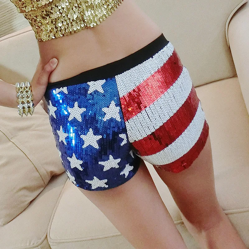 

New Fashion Polyester Sequins American Flag shorts Costumes Nightclub Women Singer Jazz dancer Performance Costumes