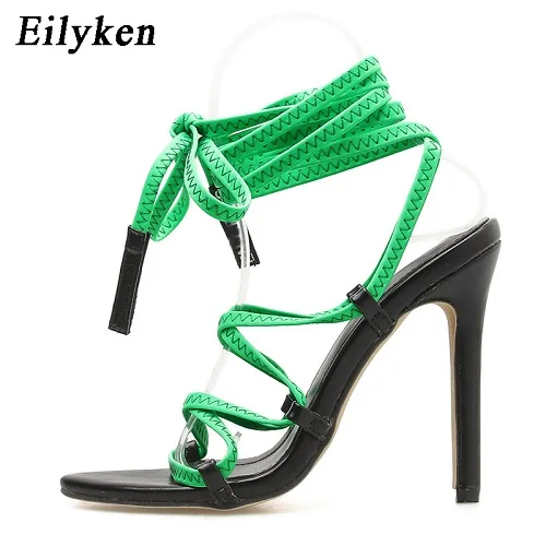 Green Eilyken/ г. Новые летние пикантные босоножки на высоком каблуке Модные женские Босоножки с открытым носком вечерние босоножки с перекрестными ремешками на лодыжке - Цвет: Green