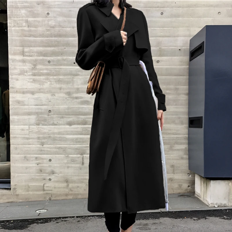Black Women Trench Coat New Casual Long Streetwear Broadcloth Full Turn-down Collar Belt Wide-waisted Solid Classic | Женская одежда