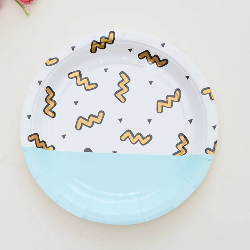 8pcs bule plate Одноразовые тарелки мятно-зеленый/розовый синий золотой фольги 7 дюймовые бумажные печатные формы тематическая вечеринка для ребенка невесты ДУШ свадебные принадлежности - Цвет: 8pcs bule plate